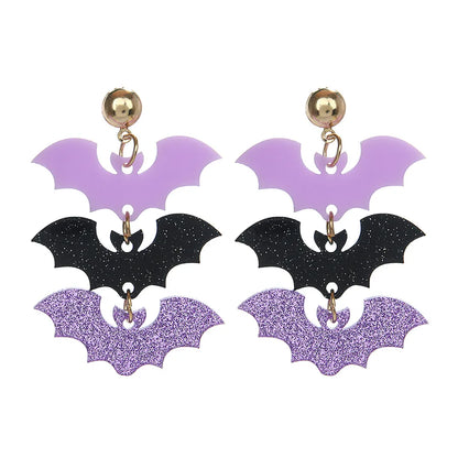 Dark Gothic Style Acrylic Bat Earrings Women's Halloween Series Purple Black Color Ear Jewelry Fashionable Casual Sporty