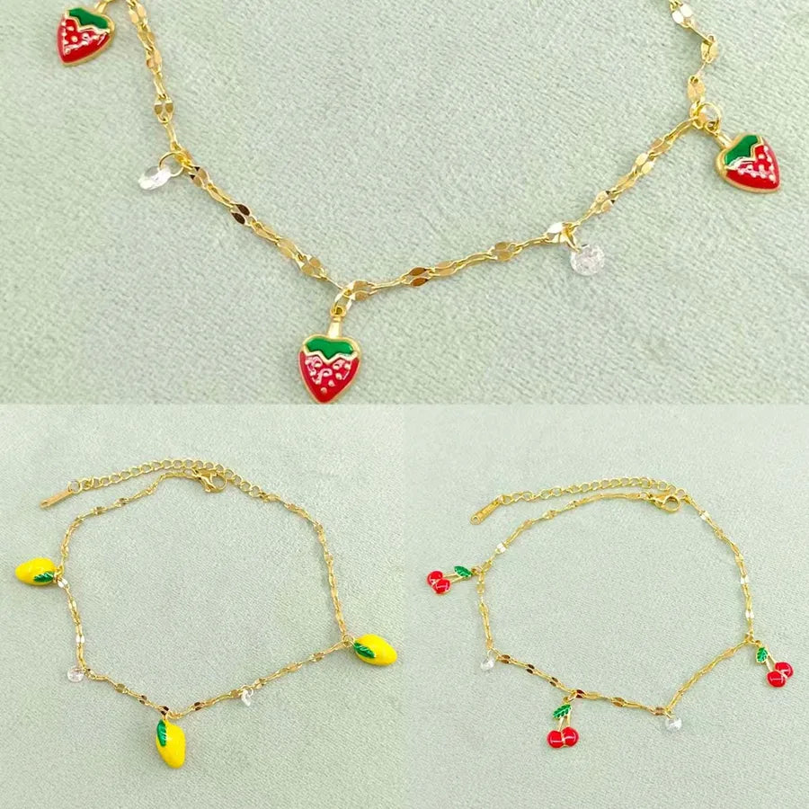 Wholesale Jewelry Cute Pastoral Simple Style Lemon Cherry Strawberry 304 Stainless Steel Acrylic Zircon 18K Gold Plated Plating Inlay Anklet