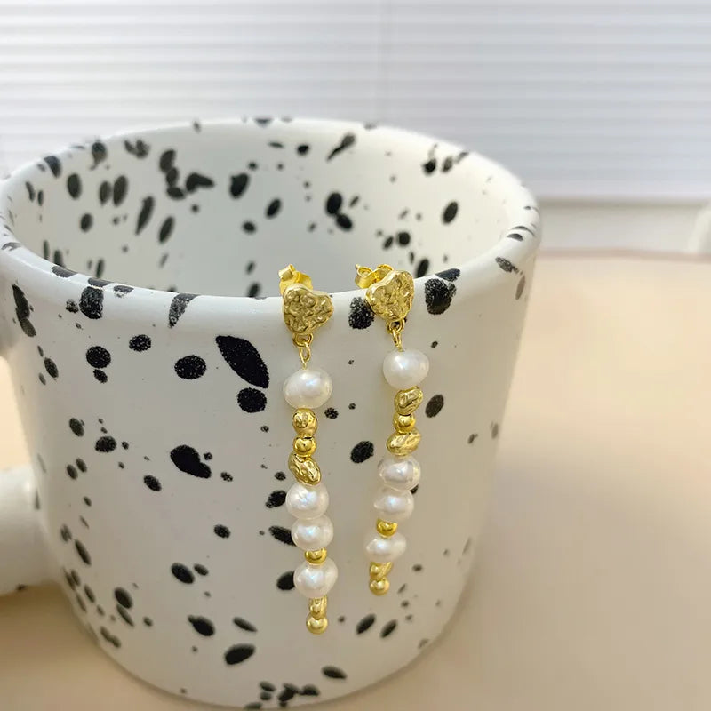 1 Pair 18K Gold Plated White Gold Plated 925 Sterling Silver Freshwater Pearl Pearl Freshwater pearl earrings Geometric Drop Earrings