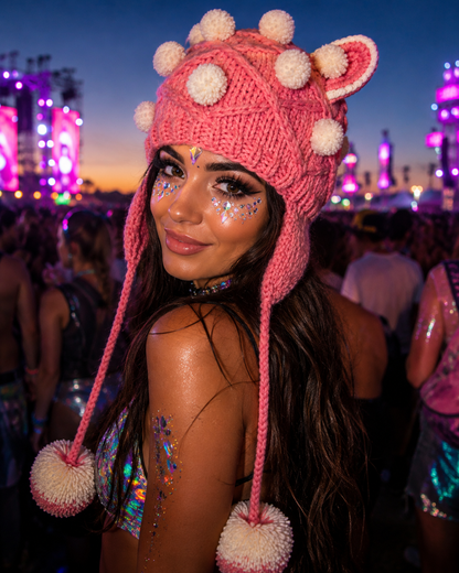 Handmade Pink Cat Ear Knitted Festival Hat with Pom Poms
