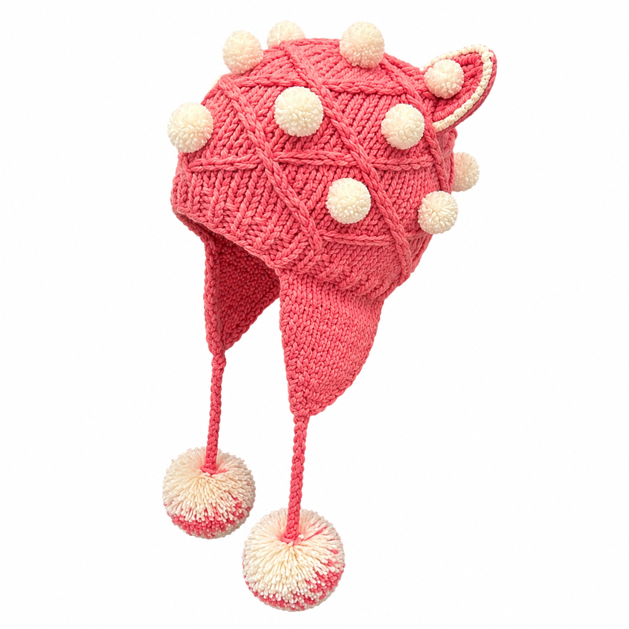 Handmade Pink Cat Ear Knitted Festival Hat with Pom Poms
