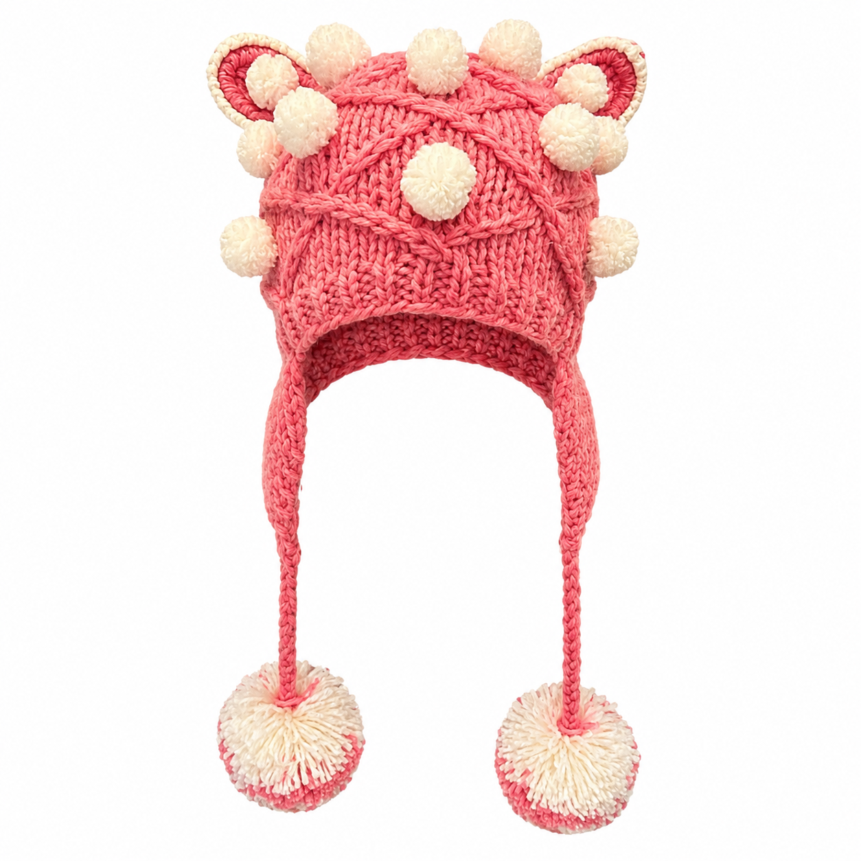 Handmade Pink Cat Ear Knitted Festival Hat with Pom Poms