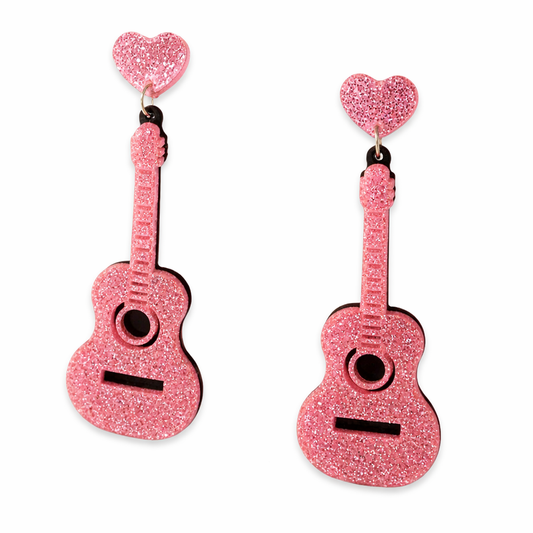 Pink Guitar Earrings UK – Glitter Statement Drop Earrings (Festival & Music Jewellery)