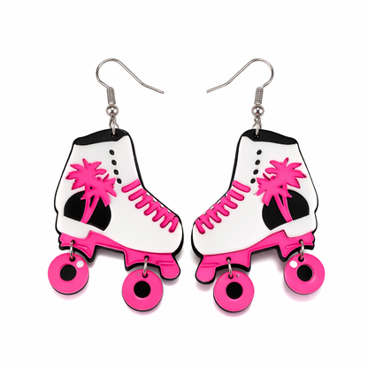 Pink Roller Skate Drop Earrings – Retro Disco Festival Jewellery, Cute Statement Acrylic Dangles