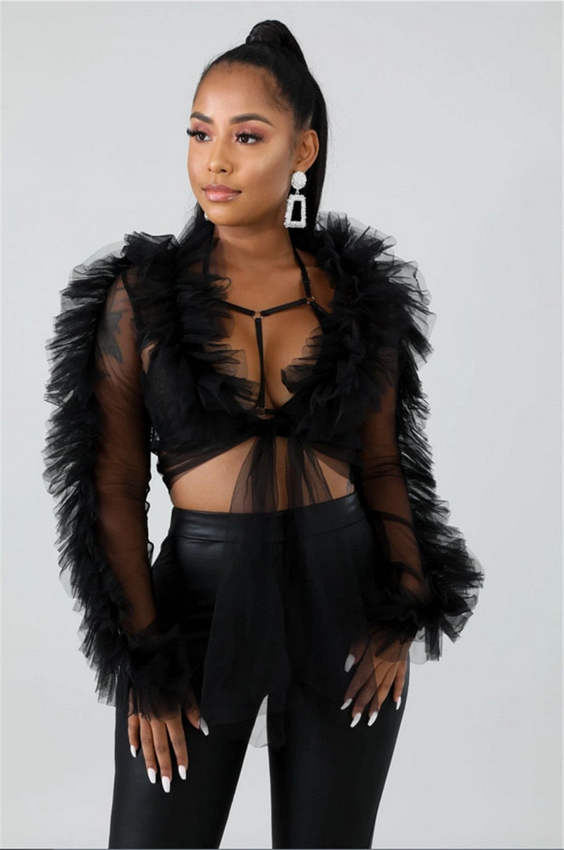 LANFUBEISI Summer Shirts Mesh Sheer See Through Ruffles Long Sleeve Crop Tops Deep V-neck Lace-up Blouses Party Outwear 3 Colors