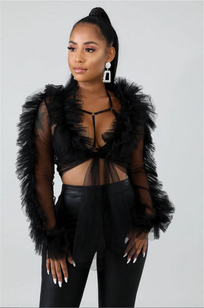 LANFUBEISI Summer Shirts Mesh Sheer See Through Ruffles Long Sleeve Crop Tops Deep V-neck Lace-up Blouses Party Outwear 3 Colors