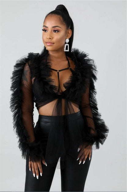 LANFUBEISI Summer Shirts Mesh Sheer See Through Ruffles Long Sleeve Crop Tops Deep V-neck Lace-up Blouses Party Outwear 3 Colors