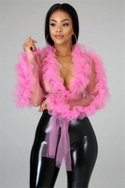 LANFUBEISI Summer Shirts Mesh Sheer See Through Ruffles Long Sleeve Crop Tops Deep V-neck Lace-up Blouses Party Outwear 3 Colors