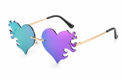 Purple & Green Heart Flame Sunglasses – Iridescent Festival Statement Glasses