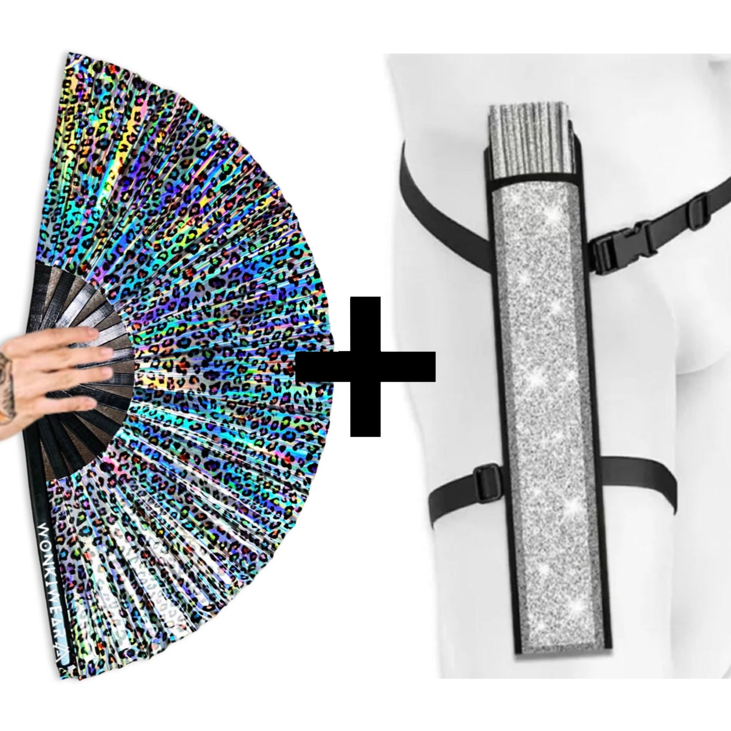 Iridescent Rainbow Leopard Festival Fan – XL (Silver Reverse)