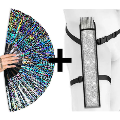 Iridescent Rainbow Leopard Festival Fan – XL (Silver Reverse)