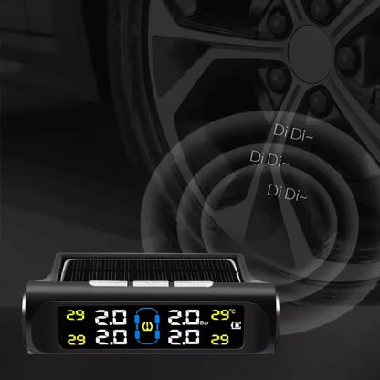Solar Powered Wireless Tyre Pressure Monitoring System (TPMS) with 4 External Sensors – Real-Time LCD Display, USB Dual Charging, High/Low Pressure & Temperature Alerts for Cars, SUVs, Vans
