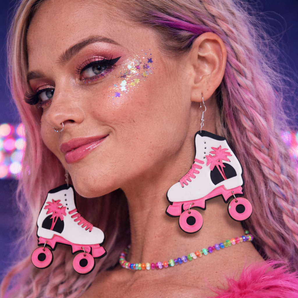 Pink Roller Skate Drop Earrings – Retro Disco Festival Jewellery, Cute Statement Acrylic Dangles