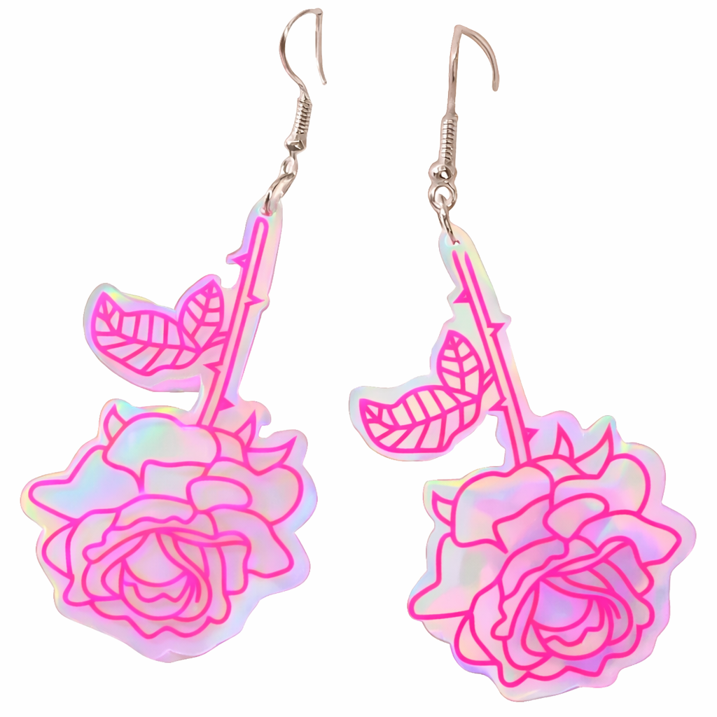 Rose Earrings UK – Iridescent Floral Statement Earrings (Pink Acrylic Drop Earrings)
