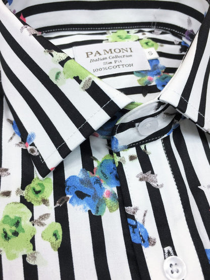 Black Stripe Floral Print Short Sleeves Shirt