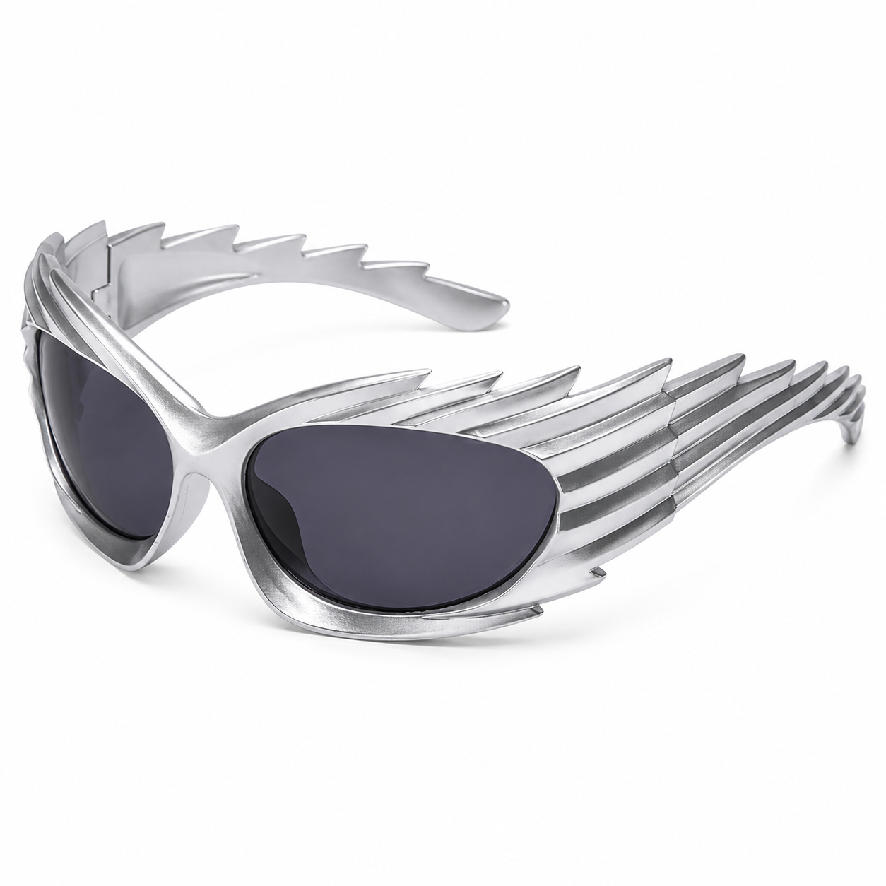 Silver Futuristic Spikey Ridged Sunglasses – Cyber Rave Statement Glasses