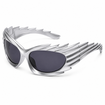 Silver Futuristic Spikey Ridged Sunglasses – Cyber Rave Statement Glasses