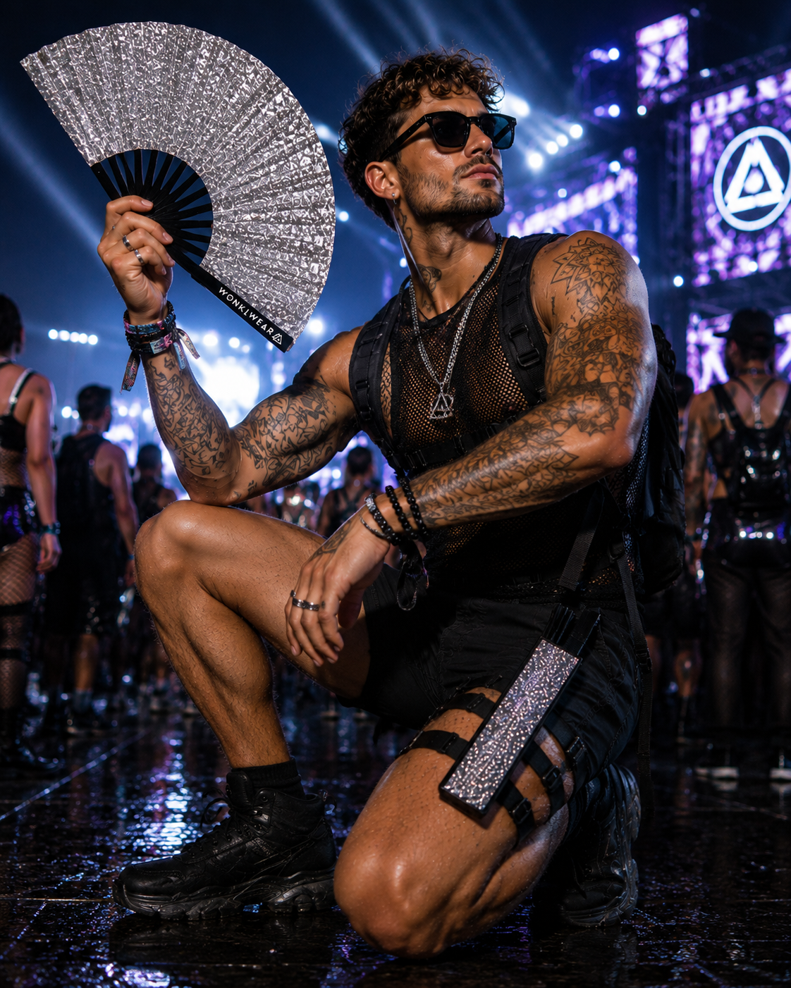 Silver Glitter Festival Fan with Matching Leg Holster | XL & Medium