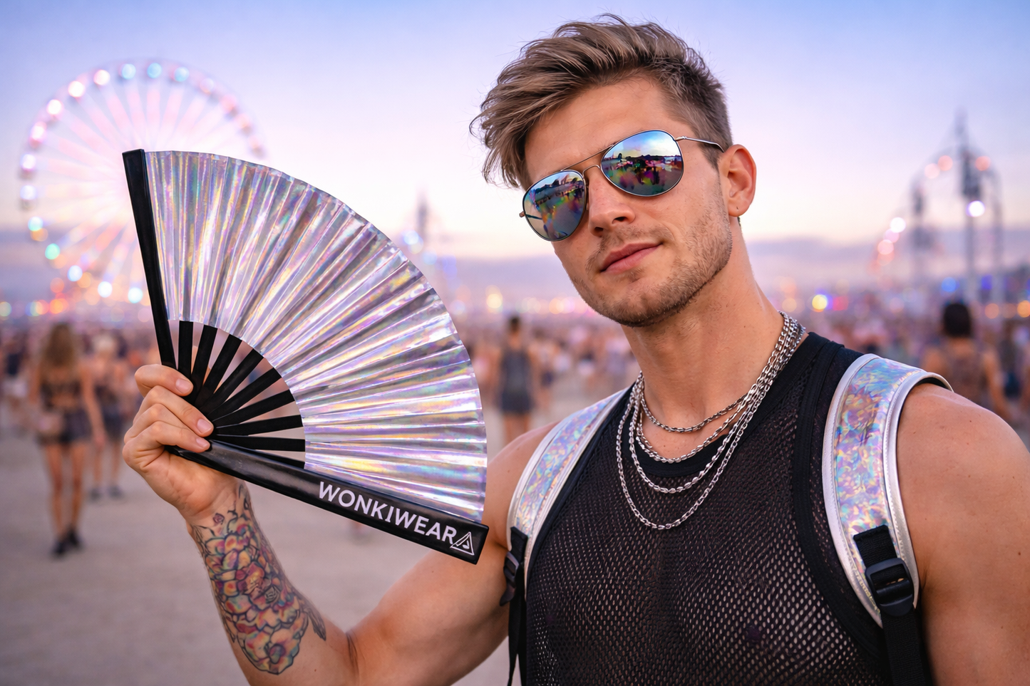 Silver Stardust Iridescent Festival Fan (XL Rave Fan UK)