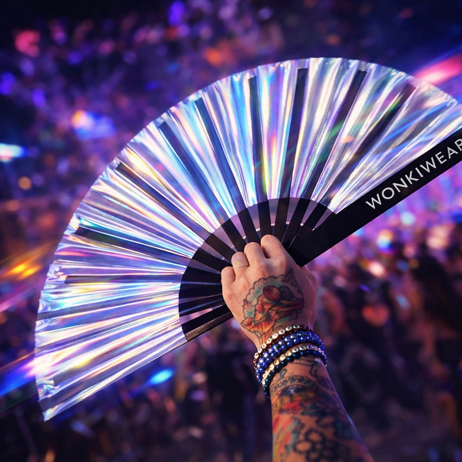 Silver Stardust Iridescent Festival Fan (XL Rave Fan UK)