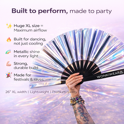Silver Stardust Iridescent Festival Fan (XL Rave Fan UK)
