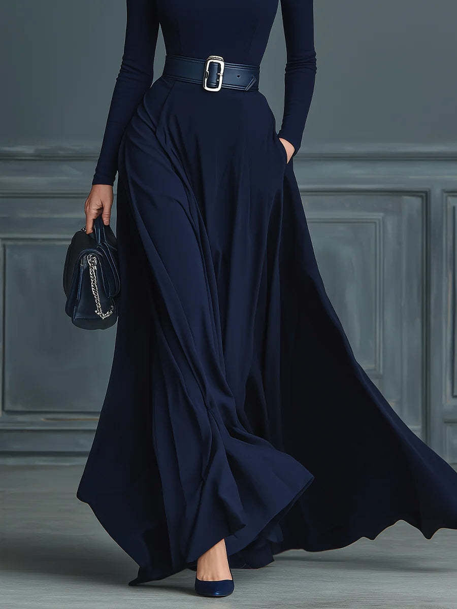Long-Sleeve Tight-Waisted Long-Neck Dress
