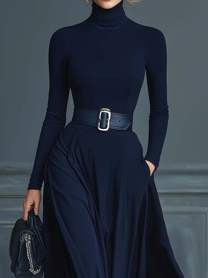 Long-Sleeve Tight-Waisted Long-Neck Dress