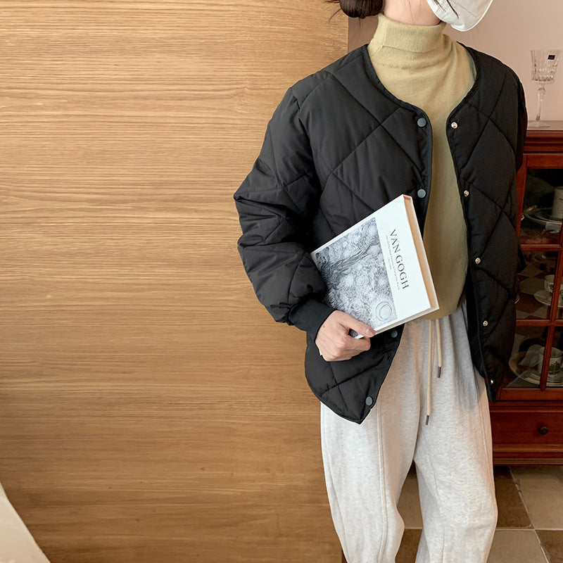 Collarless Rhombic Cotton-Padded Jacket