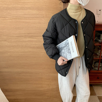 Collarless Rhombic Cotton-Padded Jacket