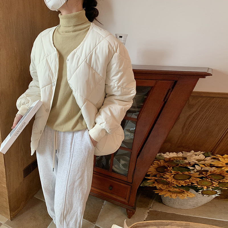 Collarless Rhombic Cotton-Padded Jacket