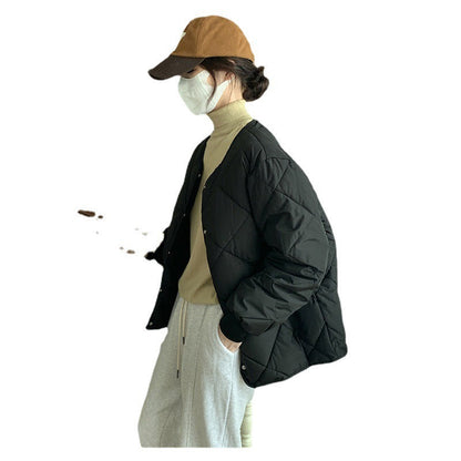 Collarless Rhombic Cotton-Padded Jacket