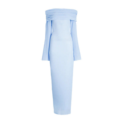 off-shoulder pleated knit dress