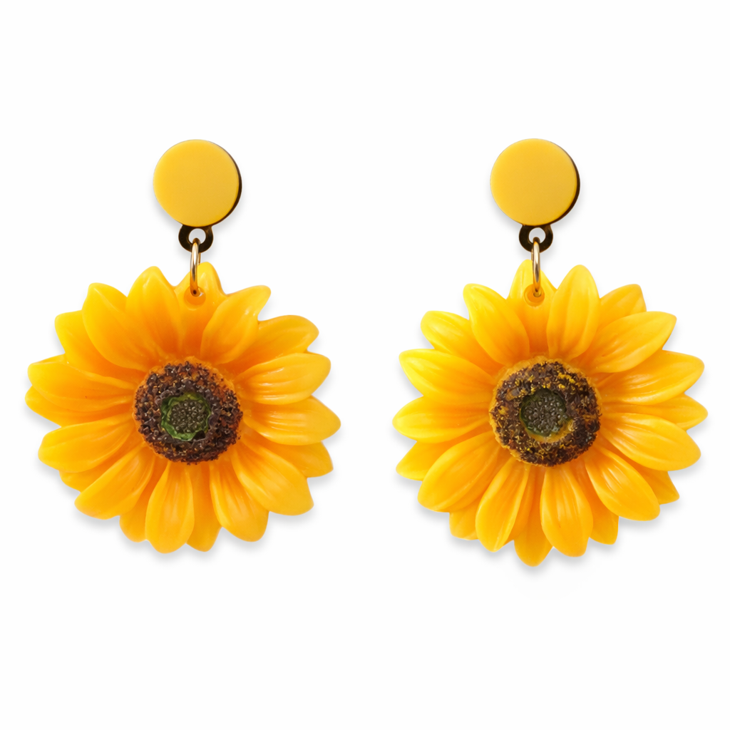 Sunflower Drop Earrings – Yellow Floral Statement Festival Jewellery, Cute Summer Acrylic Dangles