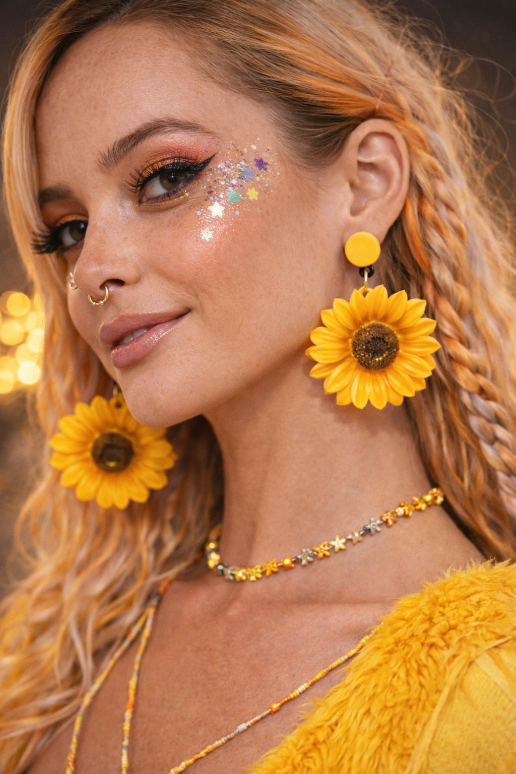 Sunflower Drop Earrings – Yellow Floral Statement Festival Jewellery, Cute Summer Acrylic Dangles