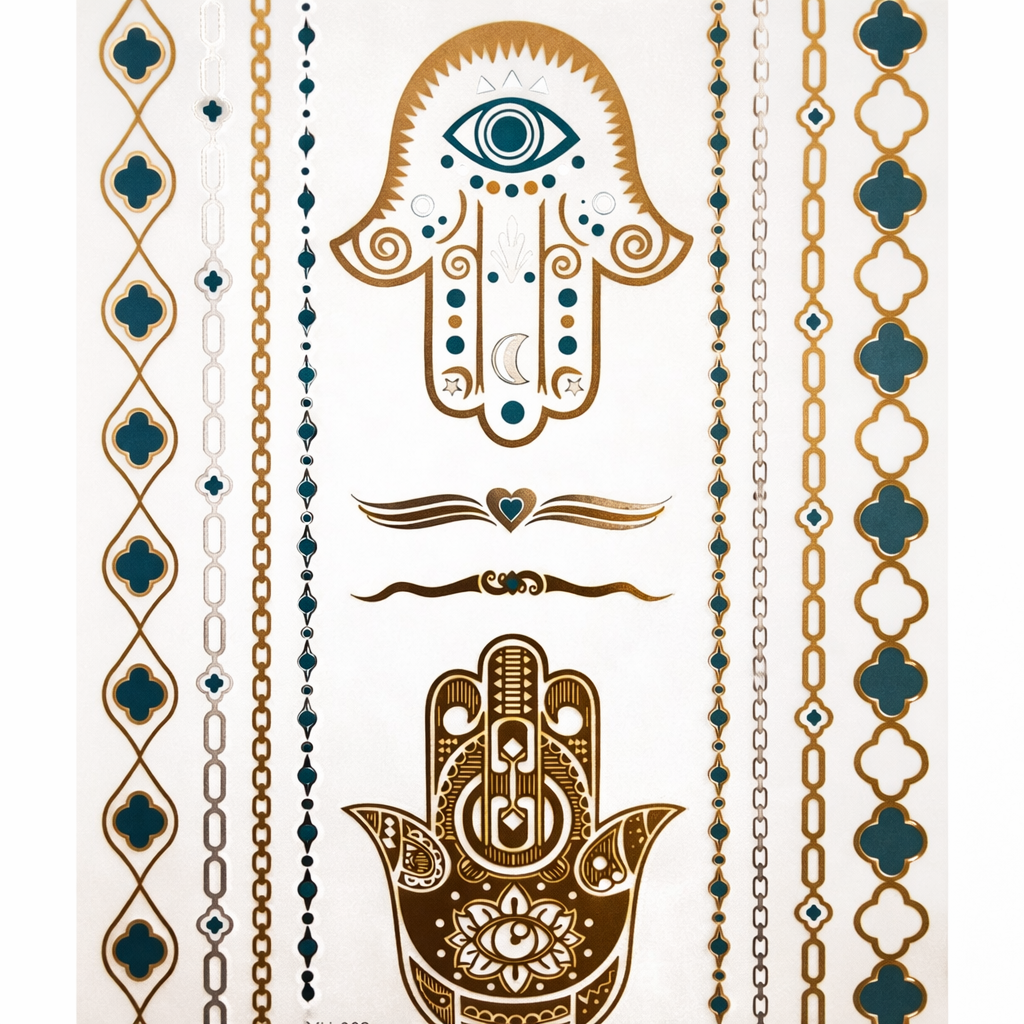Third Eye Festival Temporary Tattoos – Metallic Gold, Silver & Teal | Waterproof Rave Face & Body Art