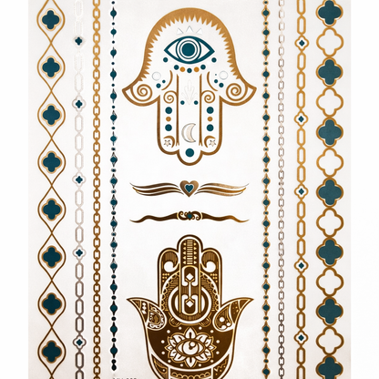 Third Eye Festival Temporary Tattoos – Metallic Gold, Silver & Teal | Waterproof Rave Face & Body Art