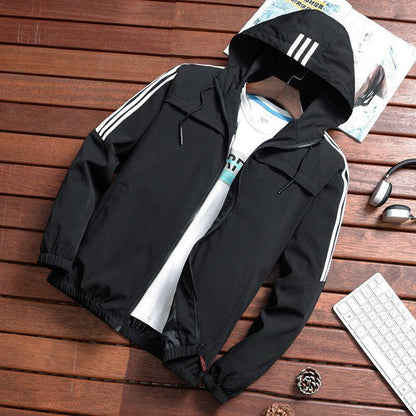 Stripe Hooded Rain Windbreaker Jacket
