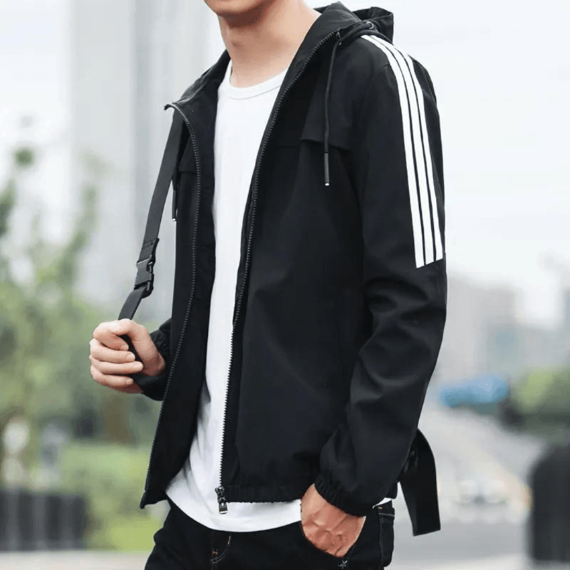 Stripe Hooded Rain Windbreaker Jacket