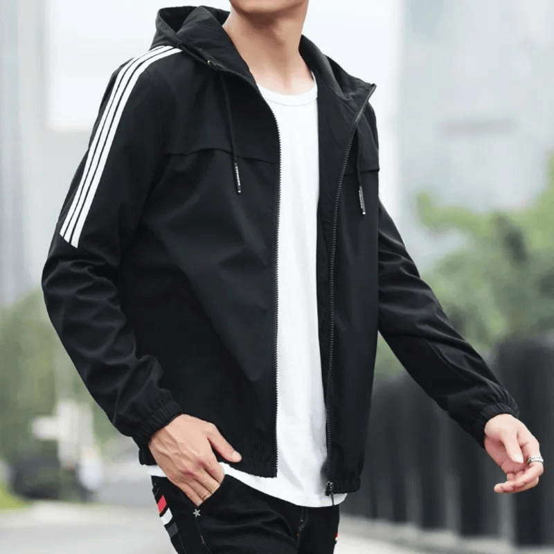 Stripe Hooded Rain Windbreaker Jacket