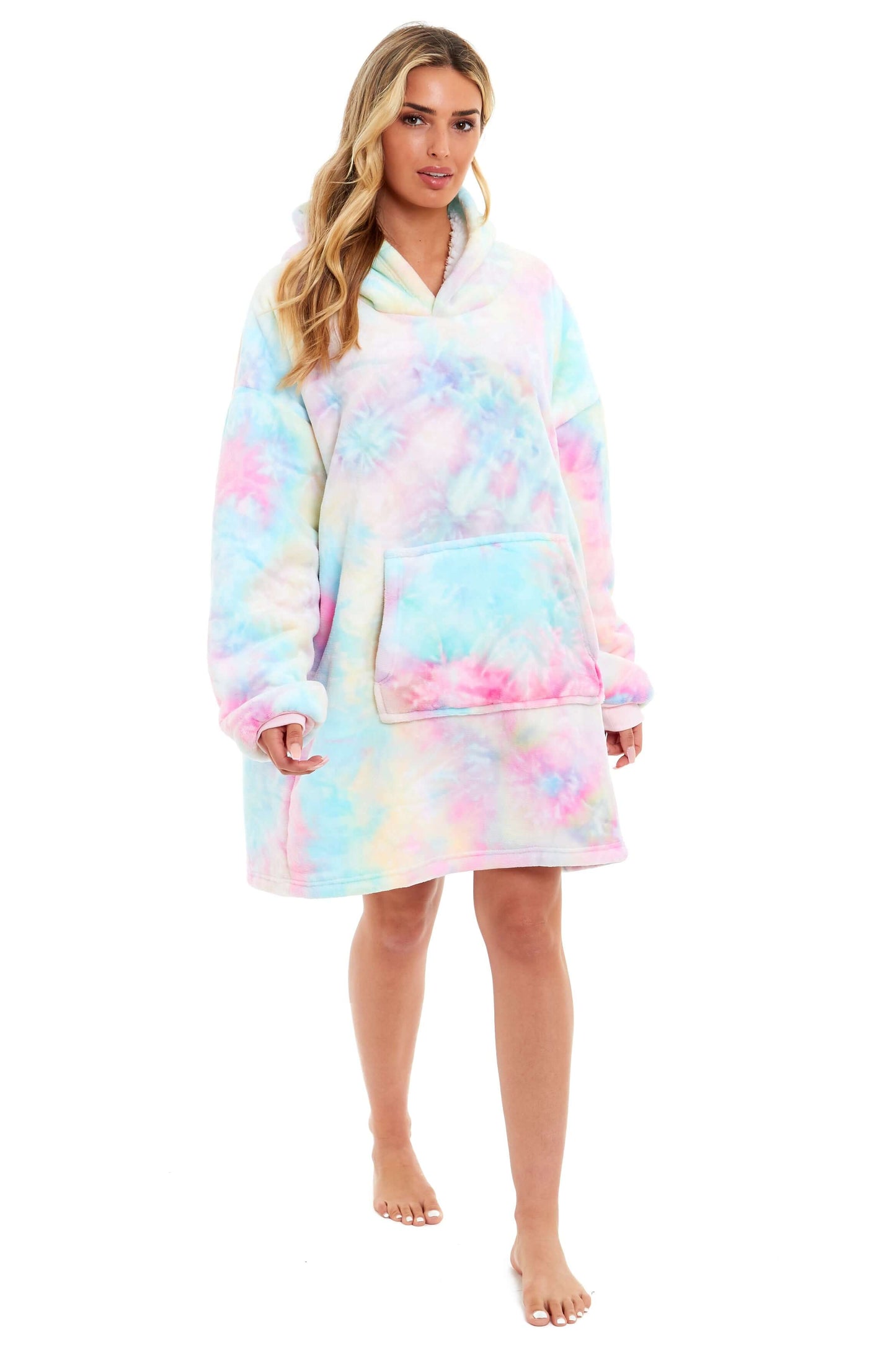 Tie Dye Rainbow Oversized Hooded Plush Fleece Wearable Blanket with Sherpa, Elastic Cuffs, and Double Pocket for Adults and Kids by Daisy Dreamer