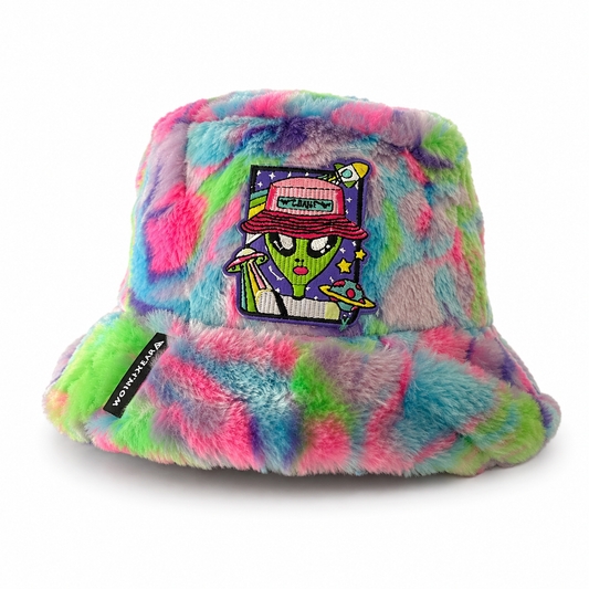 Handmade Multicoloured Animal Print Furry Bucket Hat – Trippy Alien Festival Hat