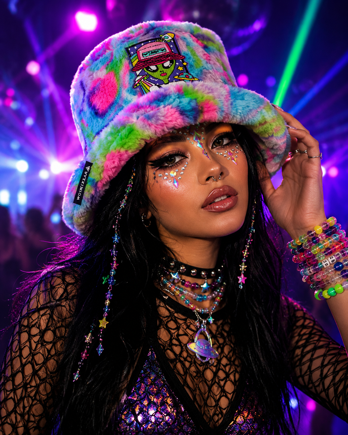 Handmade Multicoloured Animal Print Furry Bucket Hat – Trippy Alien Festival Hat