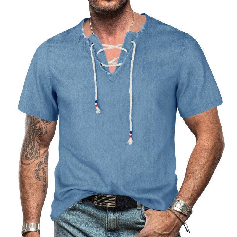 Unique Short Sleeve Men Denim Lace T-Shirt