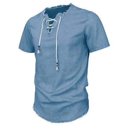 Unique Short Sleeve Men Denim Lace T-Shirt