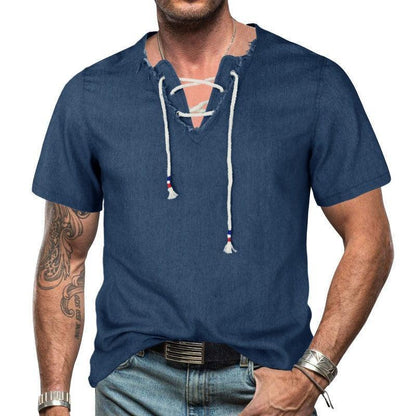 Unique Short Sleeve Men Denim Lace T-Shirt