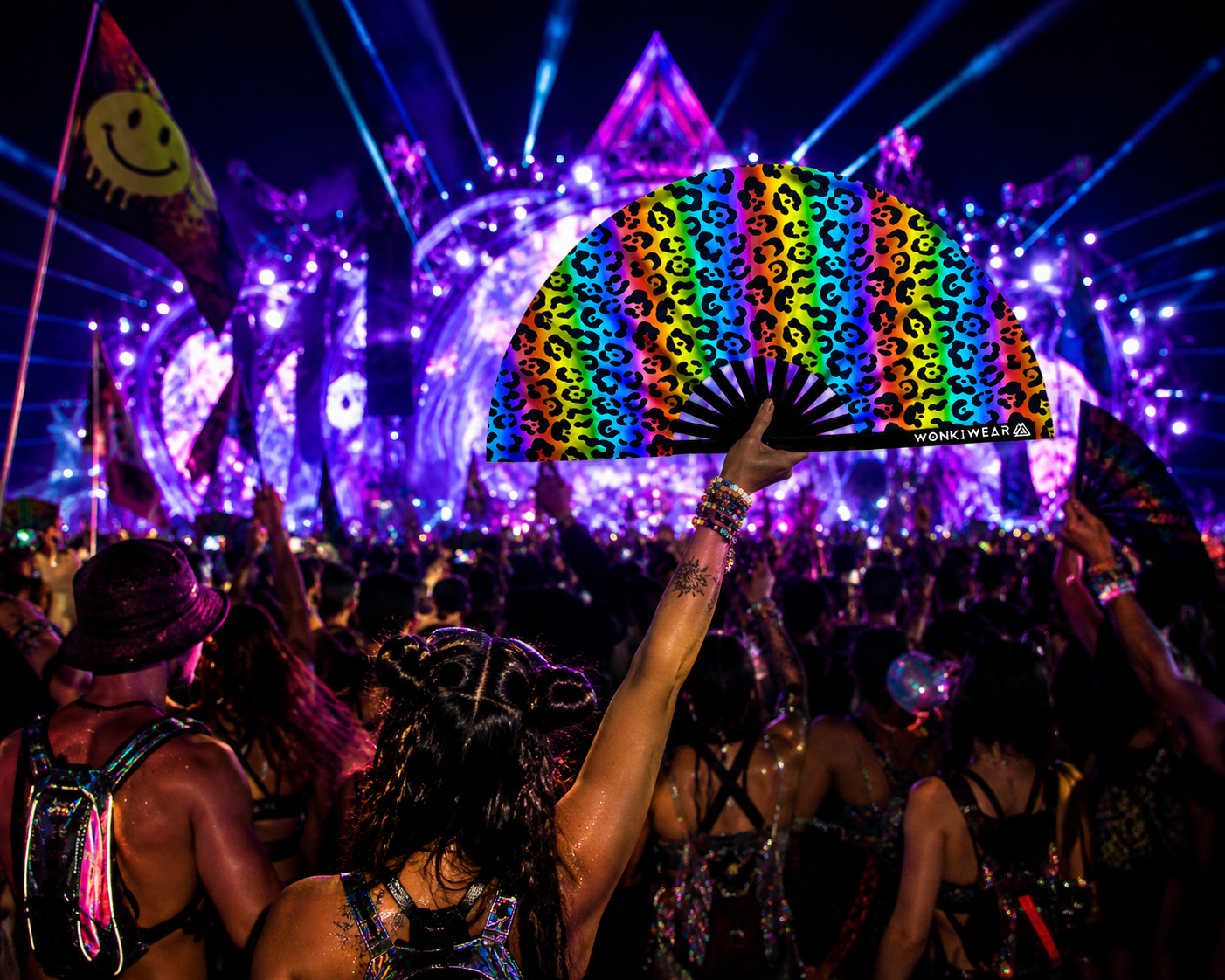 XL UV Reactive Rainbow Leopard Festival Fan