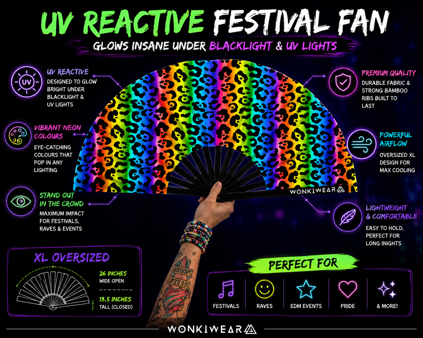 XL UV Reactive Rainbow Leopard Festival Fan