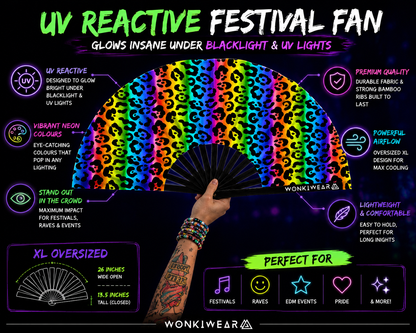 XL UV Reactive Rainbow Leopard Festival Fan