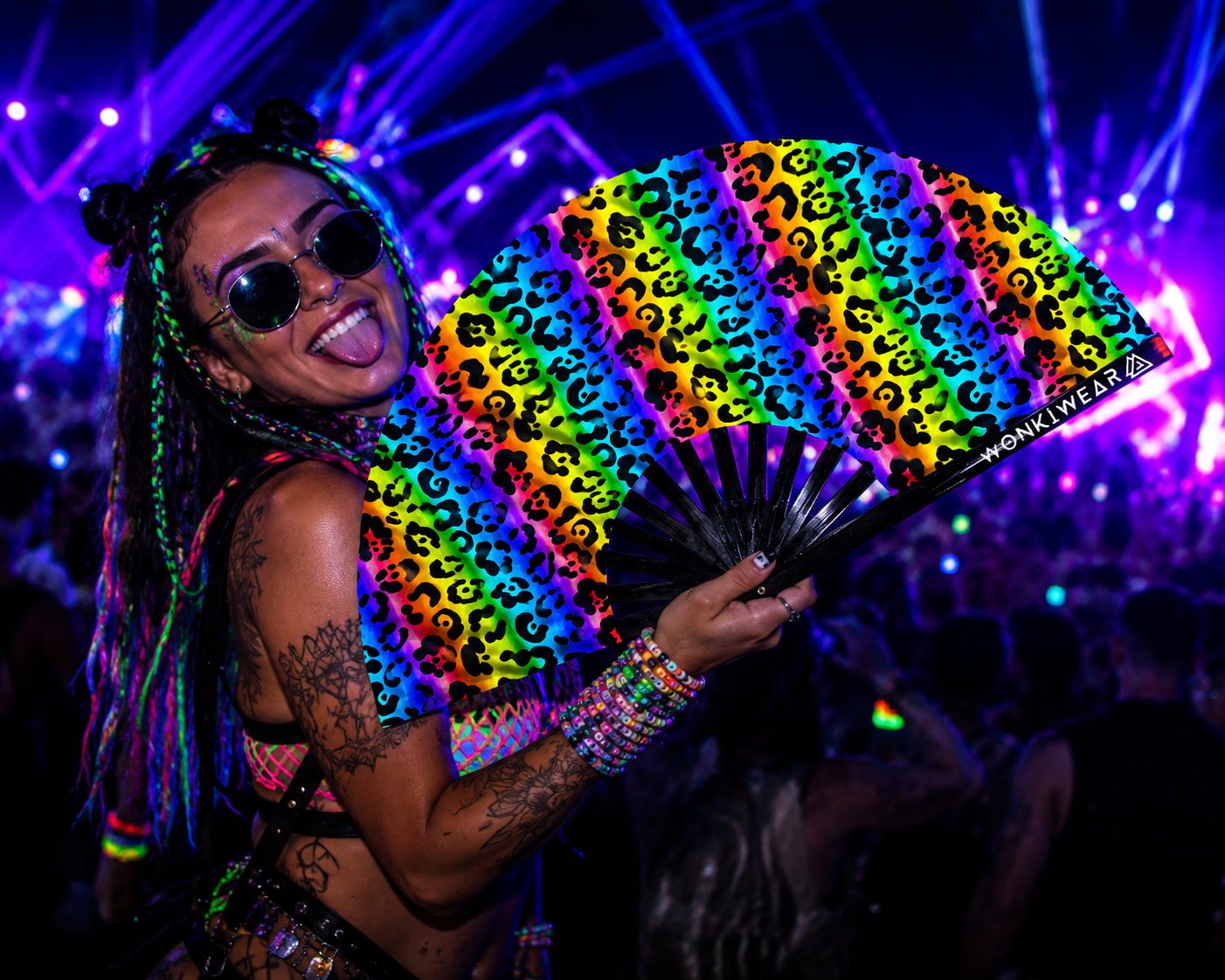 XL UV Reactive Rainbow Leopard Festival Fan
