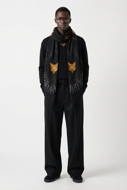 VASSILISA Scarf in Black Colour: Fur and Wolves Masks Print